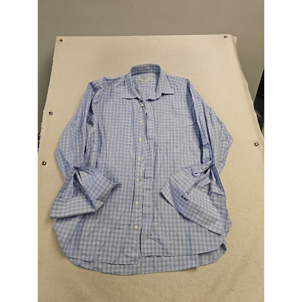 Charles Tyrwhitt Mens Blue Gingham Dress Shirt 17.5 36 Monogram MML 44/91 cm